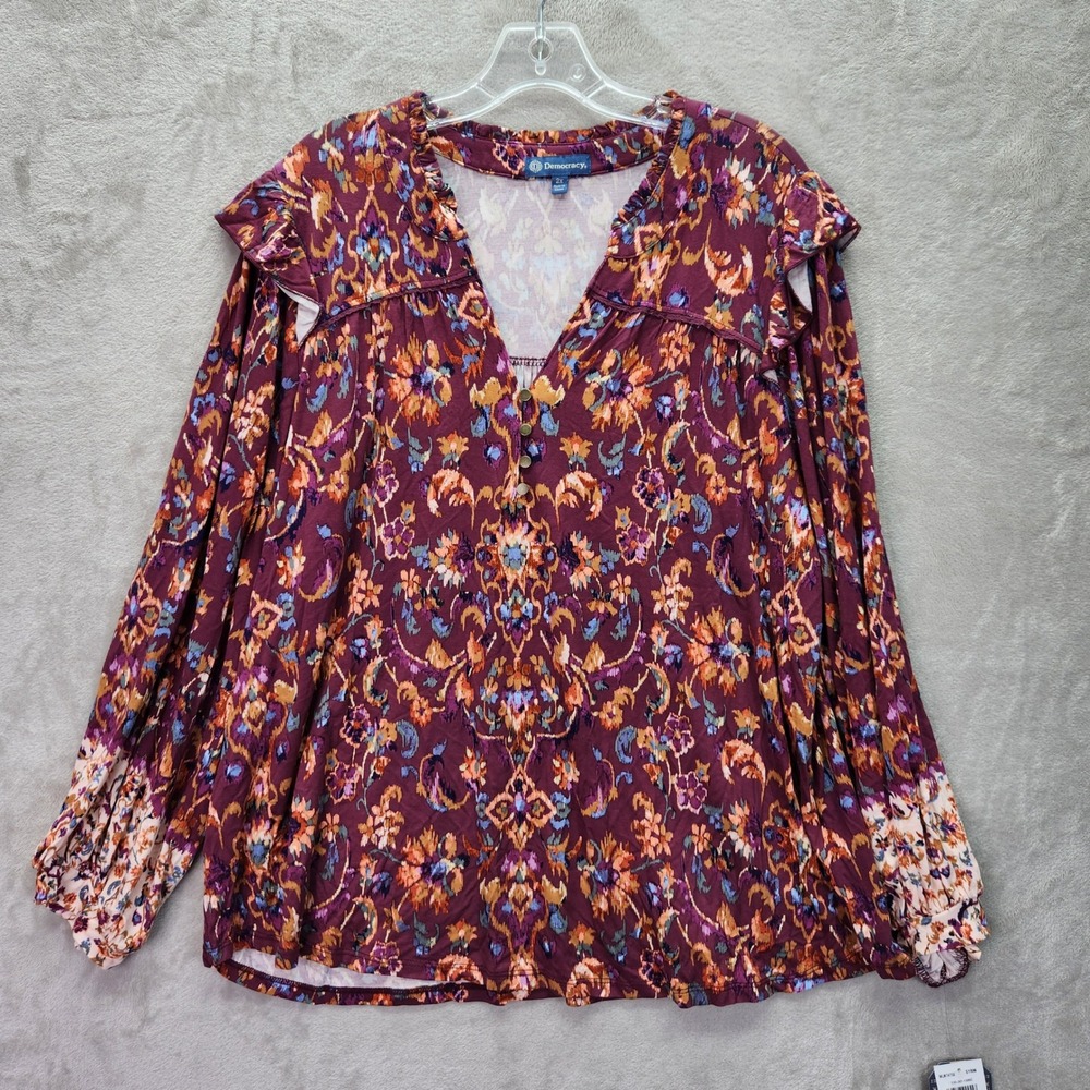 Democracy Tunic‎ Womens 2X Maroon Aztec Blouse Floral Long Sleeve Henley Office